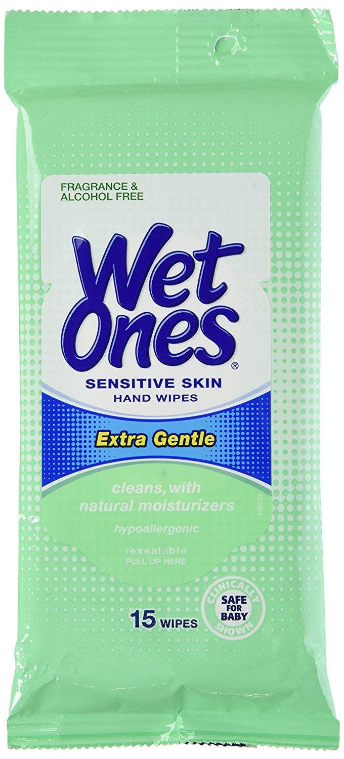 Wet Ones Hand & Face Wipes, Sensitive Skin, Extra Gentle, Travel Packs 15 Each (Pack of 6)